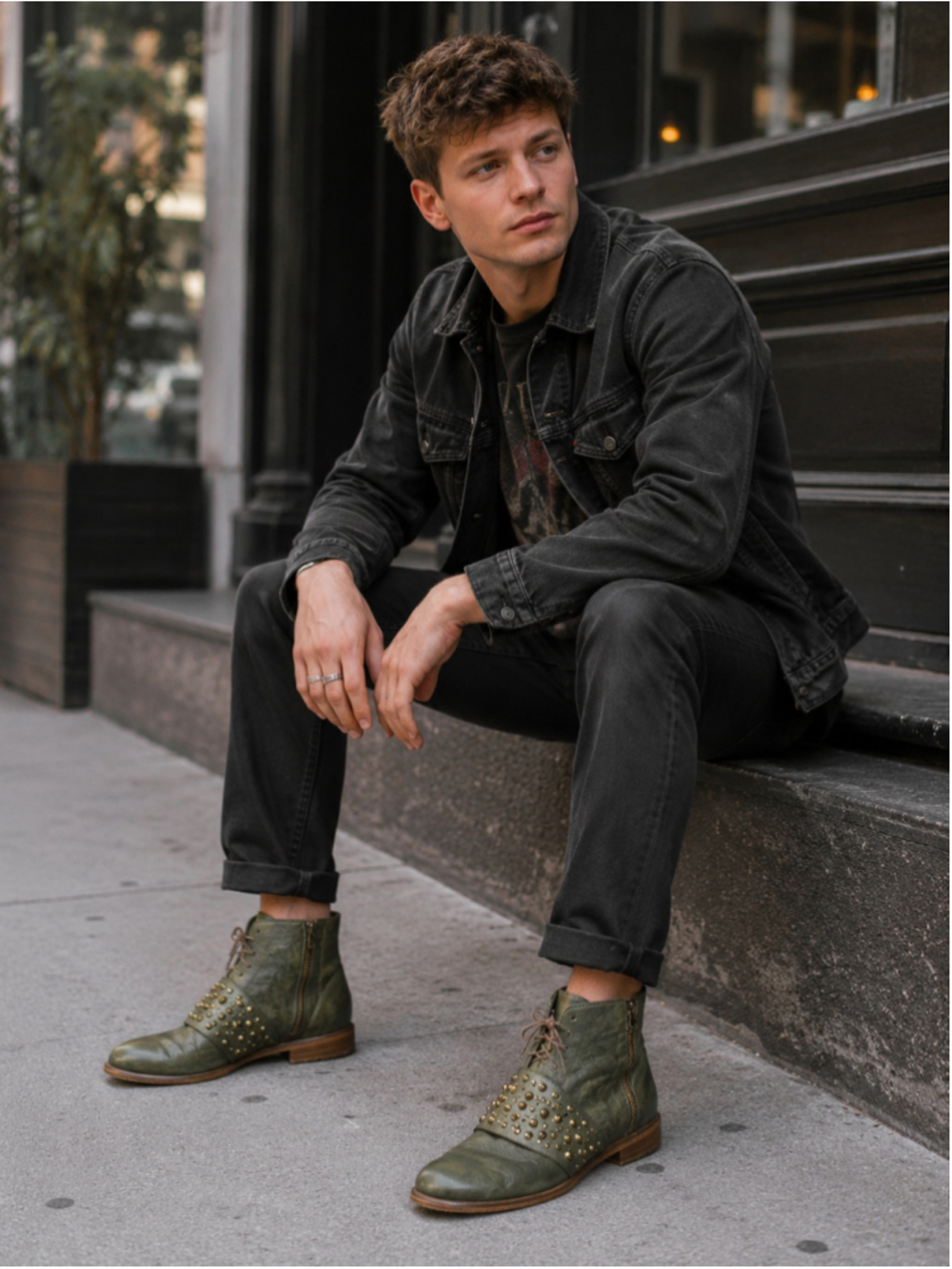 Steve Madden Boots Men’s 10 Studded Italy Moto Indie Sleaze Olive Green Leather